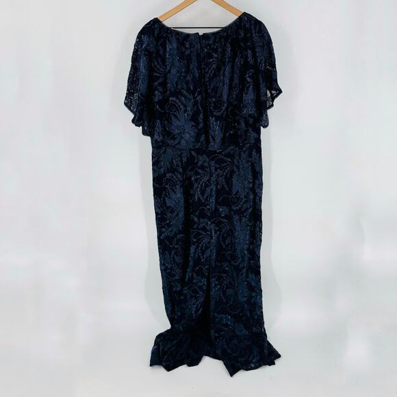 Adrianna Papell Navy Blue Sequin Lace Gown Short Sleeve Stretch Size 18W - Picture 2 of 12